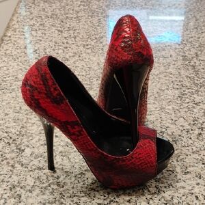 Brand New Red Snake Print Peep Toe Heels